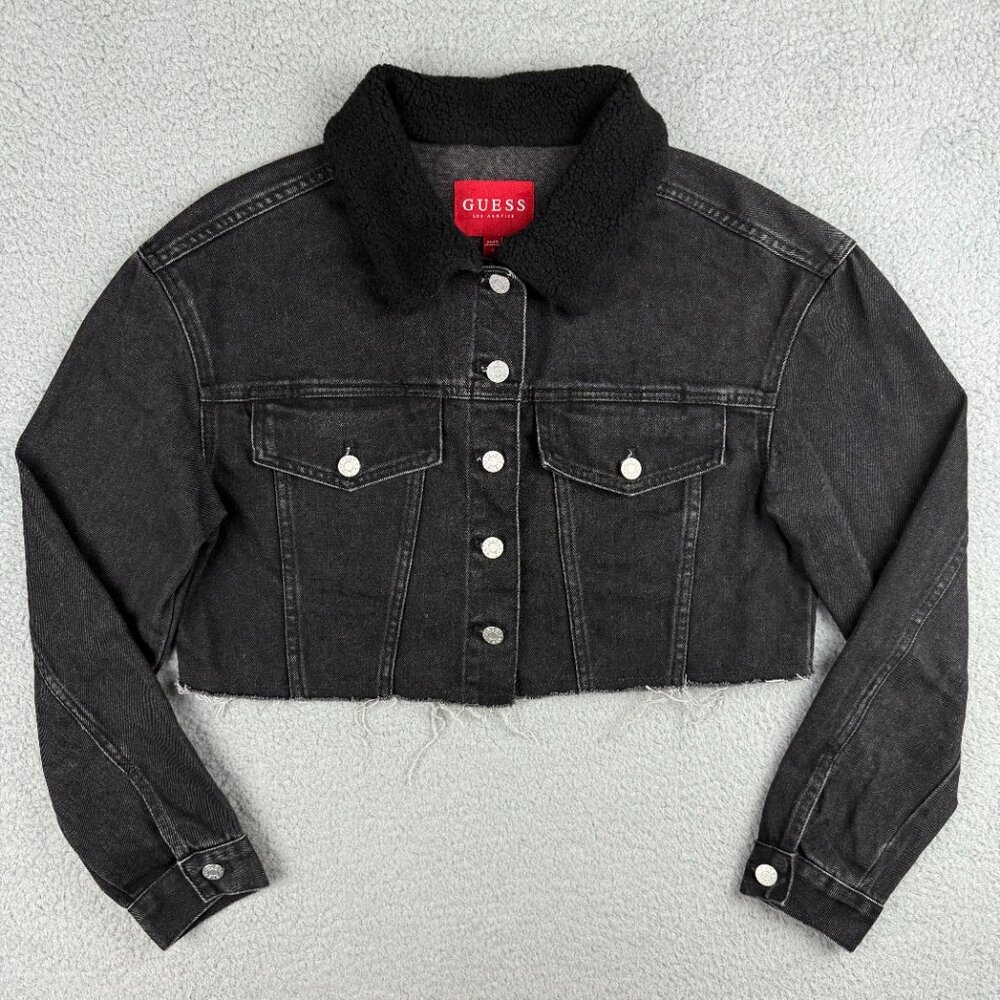 Guess Jacket Womens Small Black Denim Colbie Sherpa Collar Cutoff Cropped Jean 2